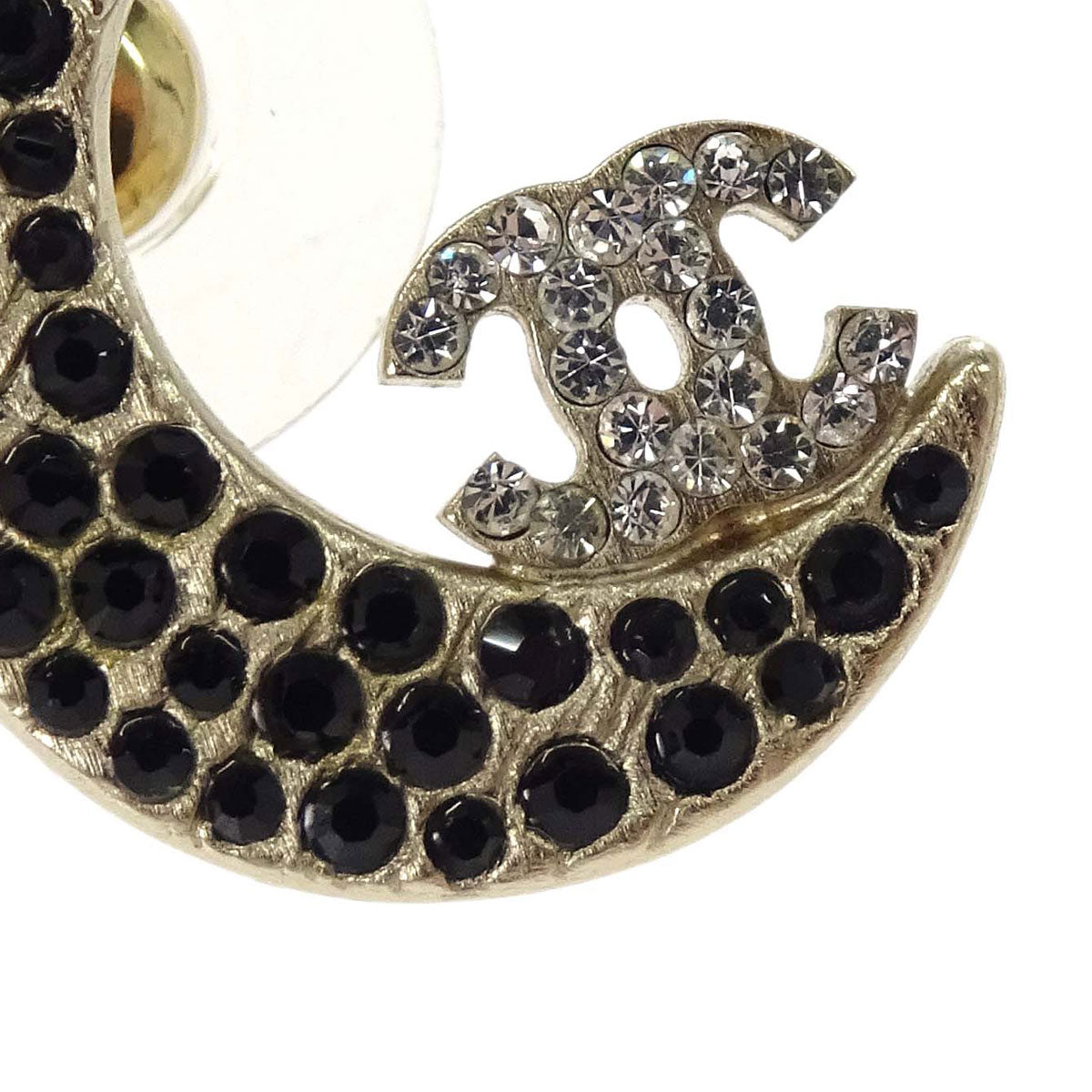 Chanel Pierced Earrings Rhinestone CC Star Crescent Moon Gold Black 08P
