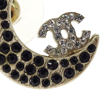 Chanel Pierced Earrings Rhinestone CC Star Crescent Moon Gold Black 08P