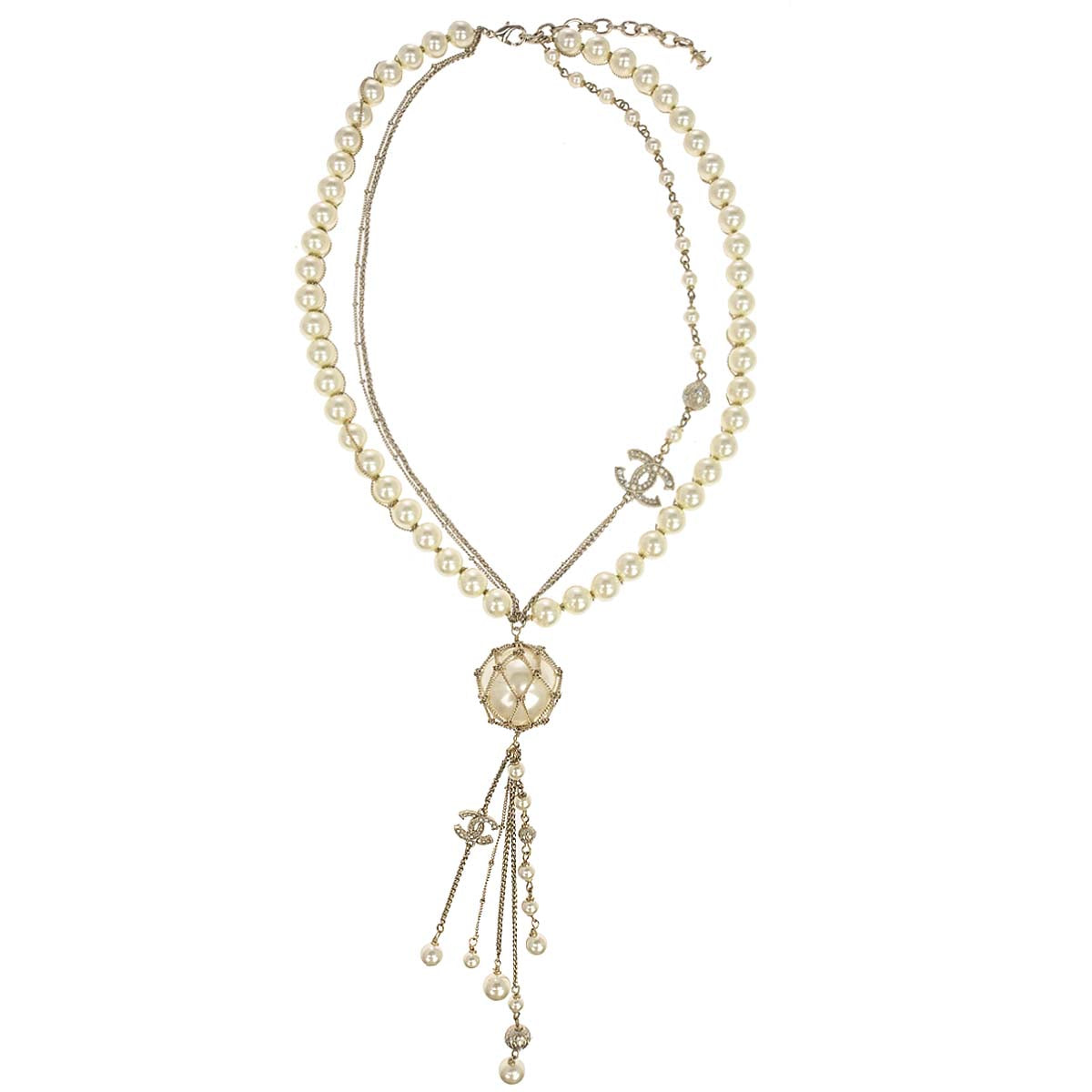 Chanel Chain Necklace Gold Costume Pearl Rhinestone A19C