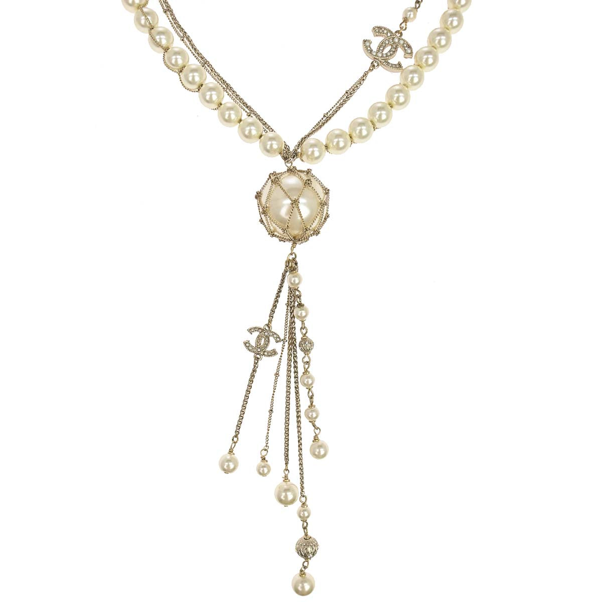 Chanel Chain Necklace Gold Costume Pearl Rhinestone A19C