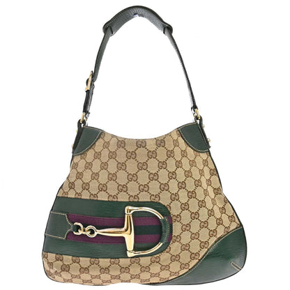 Gucci Beige Green GG Canvas Horsebit Shoulder Bag