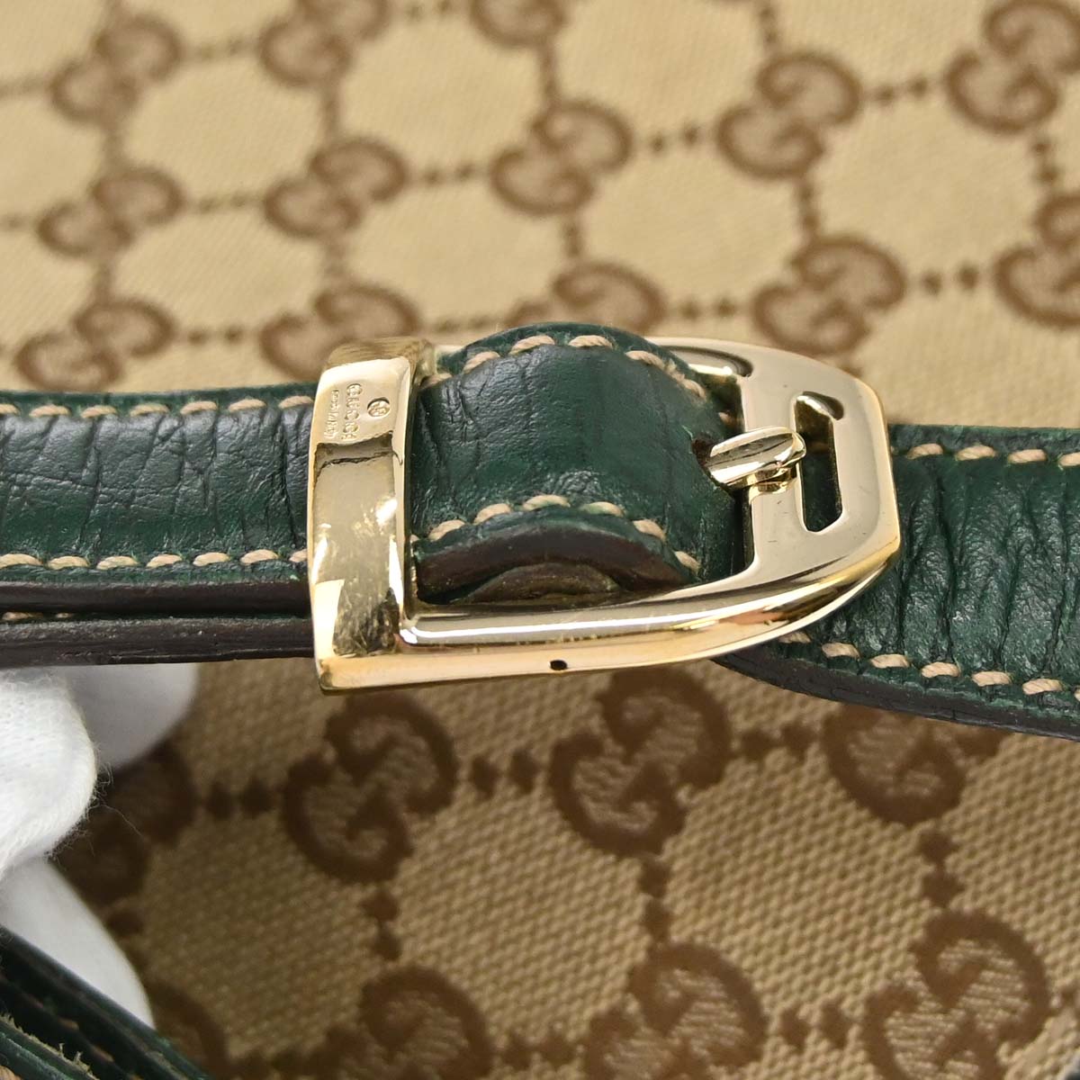Gucci Beige Green GG Canvas Horsebit Shoulder Bag