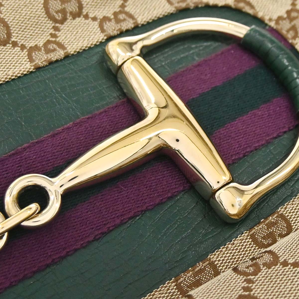 Gucci Beige Green GG Canvas Horsebit Shoulder Bag