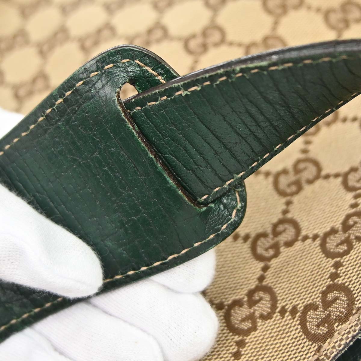 Gucci Beige Green GG Canvas Horsebit Shoulder Bag