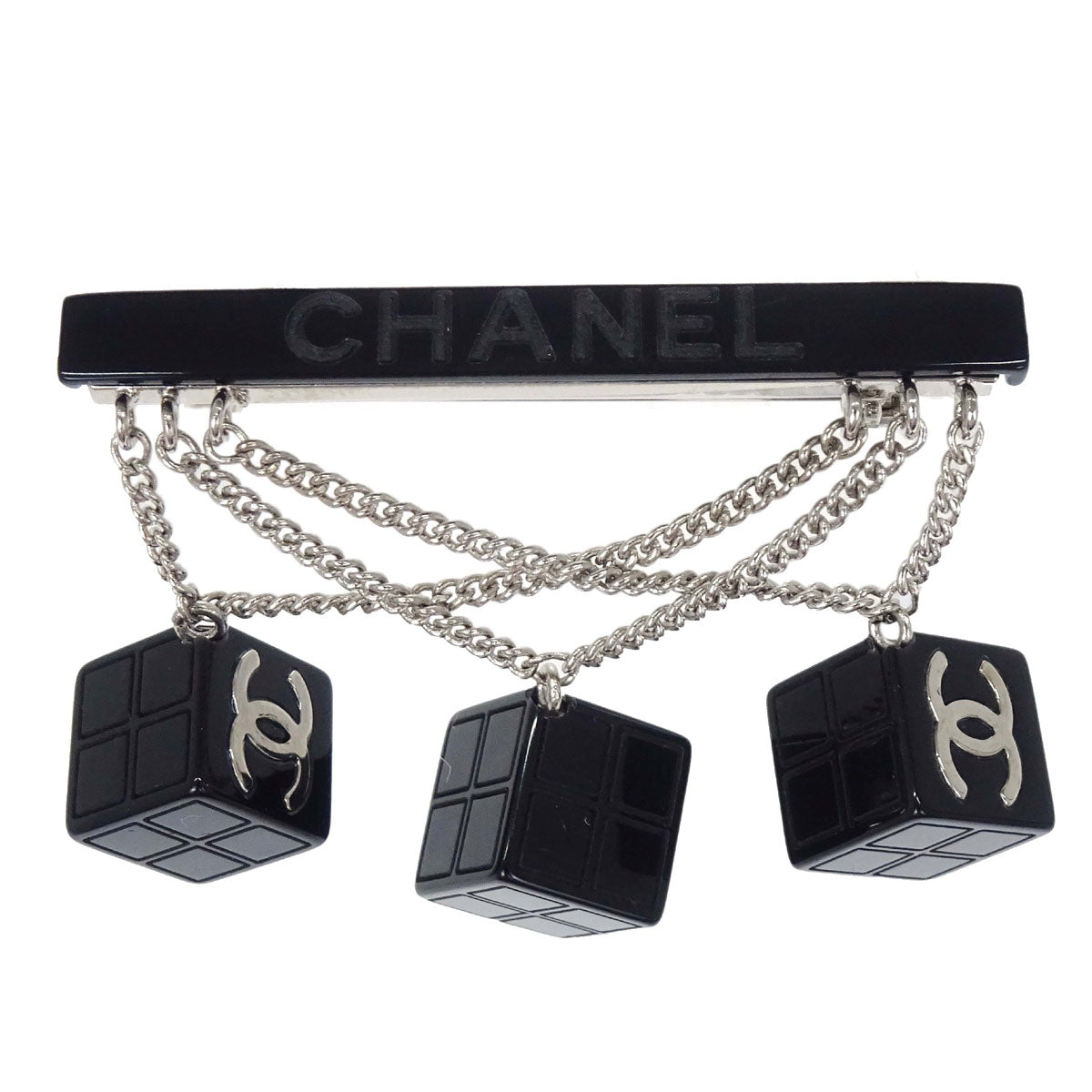 Chanel Dice CC Dangle Brooch Pin Silver Black Acrylic 04S