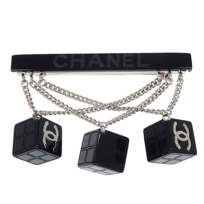Chanel Dice CC Dangle Brooch Pin Silver Black Acrylic 04S
