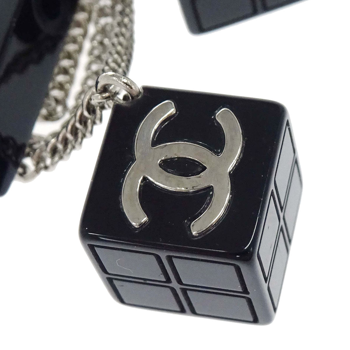 Chanel Dice CC Dangle Brooch Pin Silver Black Acrylic 04S
