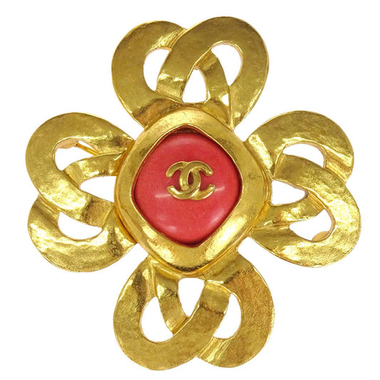 Chanel Clover Stone Brooch Pin Gold 97P