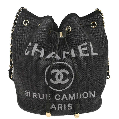 Chanel 2019 Black Straw Deauville Bucket Shoulder Bag