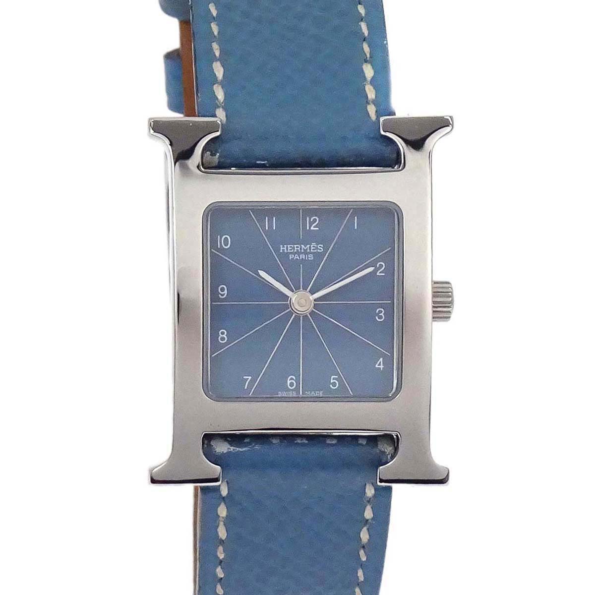 Hermes H Watch 21mm HH1.210 Quartz Courchevel Watch Blue Jean