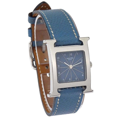 Hermes H Watch 21mm HH1.210 Quartz Courchevel Watch Blue Jean