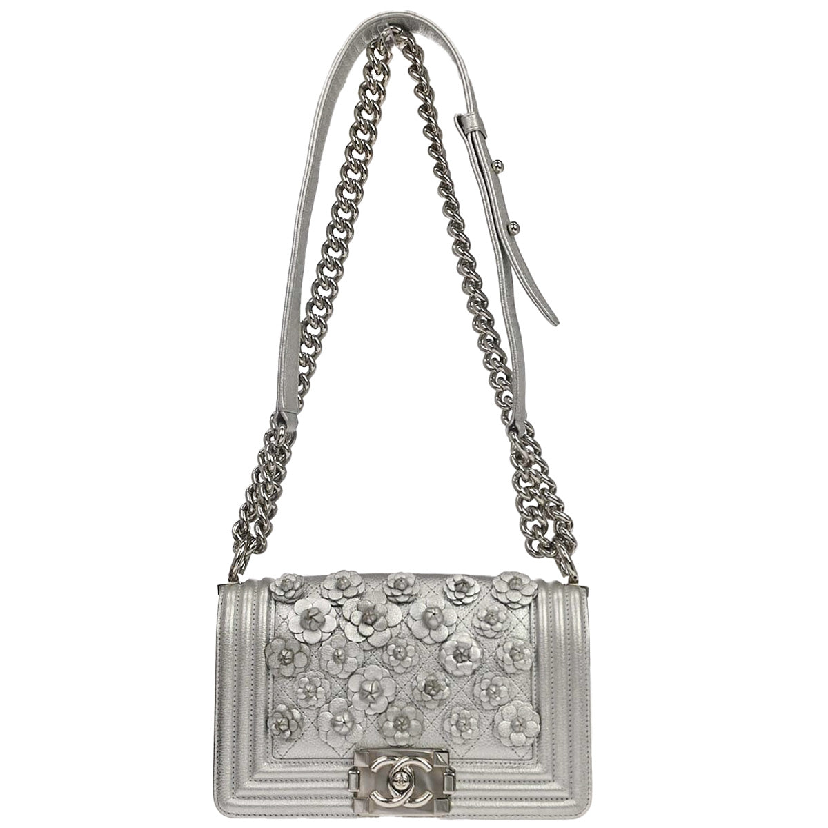 Boy Chanel 2019 Silver Lambskin Camellia Applique Small Chain Shoulder Bag