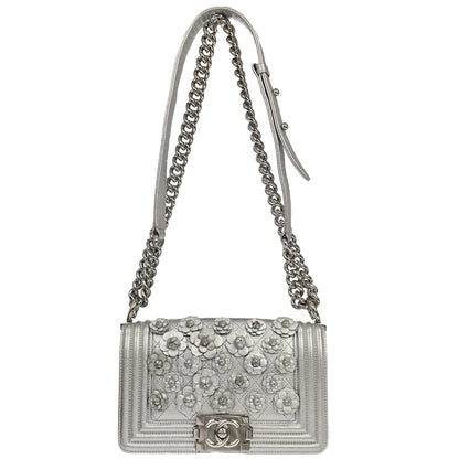 Boy Chanel 2019 Silver Lambskin Camellia Applique Small Chain Shoulder Bag