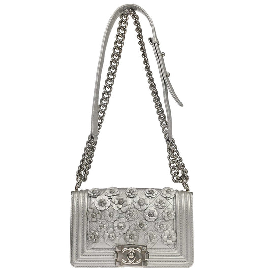 Boy Chanel 2019 Silver Lambskin Camellia Applique Small Chain Shoulder Bag