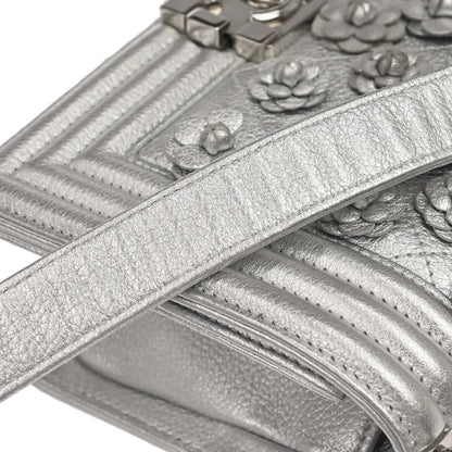 Boy Chanel 2019 Silver Lambskin Camellia Applique Small Chain Shoulder Bag