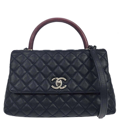 Chanel * 2015-2016 Navy Bordeaux Caviar Skin Lizard Coco Handle 2way Shoulder Handbag
