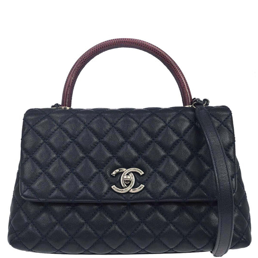 Chanel * 2015-2016 Navy Bordeaux Caviar Skin Lizard Coco Handle 2way Shoulder Handbag