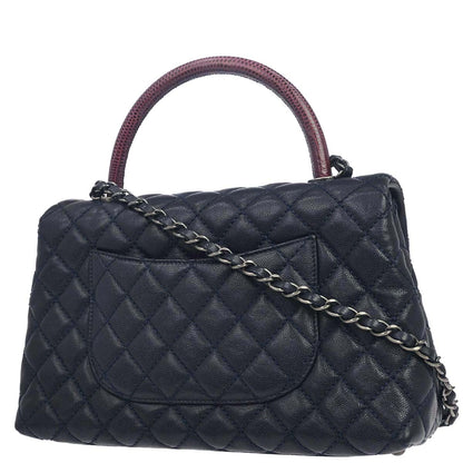 Chanel * 2015-2016 Navy Bordeaux Caviar Skin Lizard Coco Handle 2way Shoulder Handbag