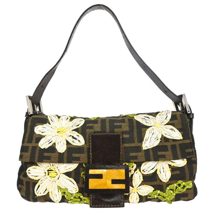Fendi Brown Canvas Zucca Floral Embroidery Baguette Handbag