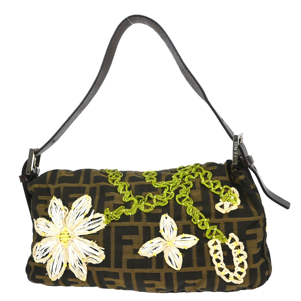Fendi Brown Canvas Zucca Floral Embroidery Baguette Handbag