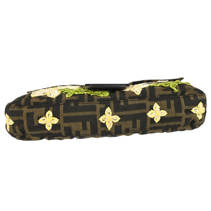 Fendi Brown Canvas Zucca Floral Embroidery Baguette Handbag