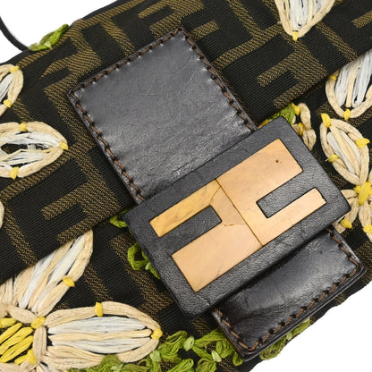 Fendi Brown Canvas Zucca Floral Embroidery Baguette Handbag