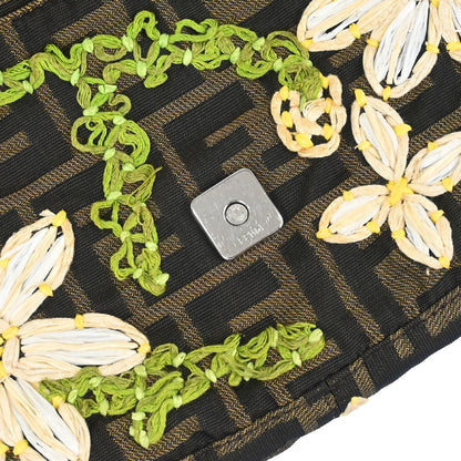 Fendi Brown Canvas Zucca Floral Embroidery Baguette Handbag