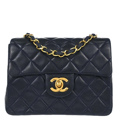 Chanel 1989-1991 Navy Lambskin Mini Classic Square Flap Shoulder Bag 17