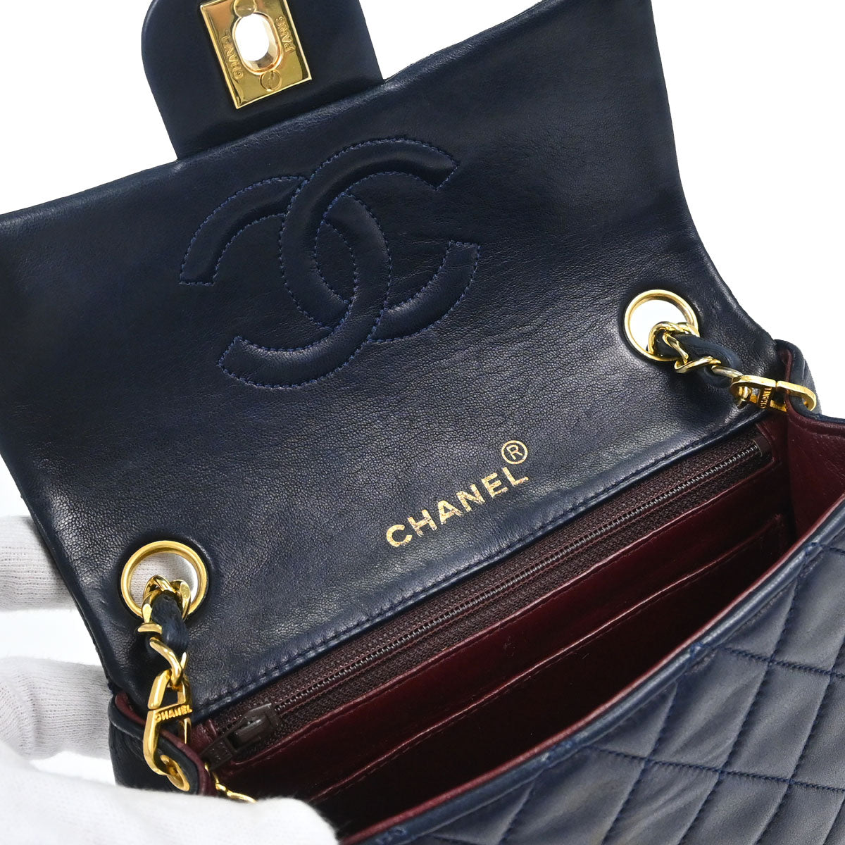 Chanel 1989-1991 Navy Lambskin Mini Classic Square Flap Shoulder Bag 17