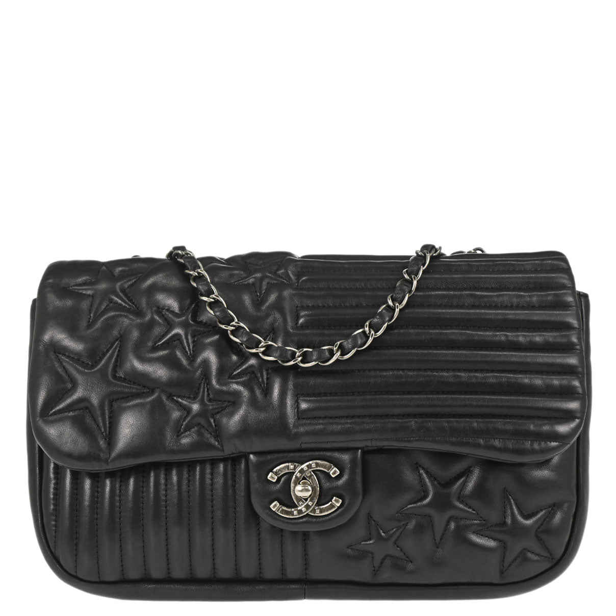 Chanel 2014 Black Lambskin Paris Dallas Stars and Stripes Flap Shoulder Bag
