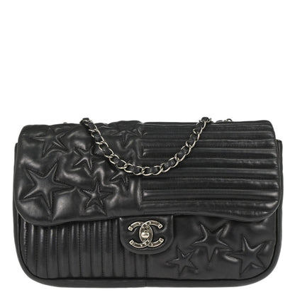 Chanel 2014 Black Lambskin Paris Dallas Stars and Stripes Flap Shoulder Bag