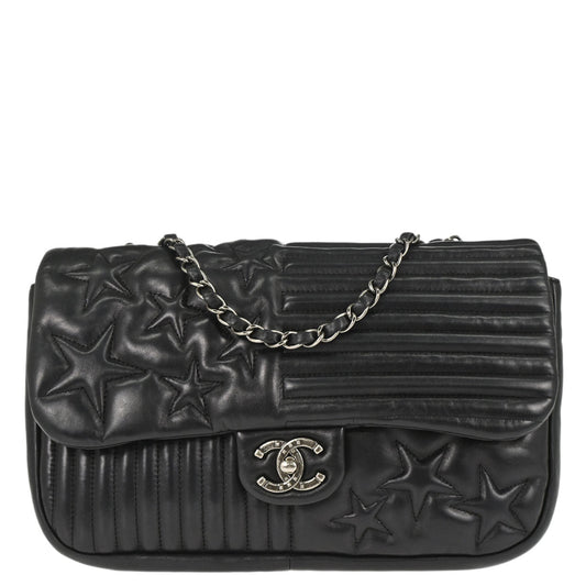 Chanel 2014 Black Lambskin Paris Dallas Stars and Stripes Flap Shoulder Bag