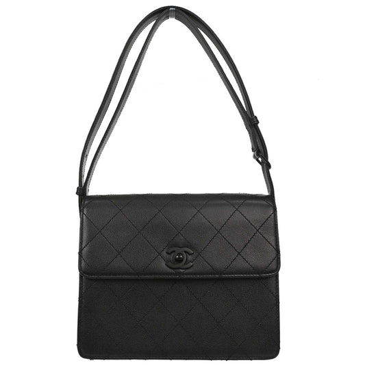 Chanel 1997-1999 Black Caviar Skin Straight Flap Shoulder Bag