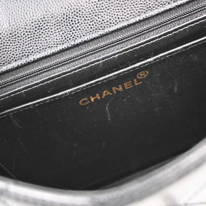 Chanel 1997-1999 Black Caviar Skin Straight Flap Shoulder Bag