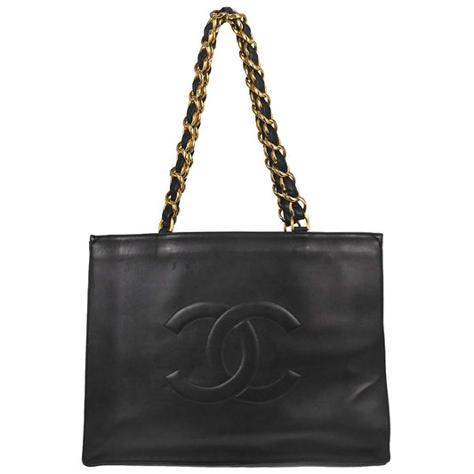 Chanel 1994-1996 Black Lambskin Chain Tote Shoulder Bag