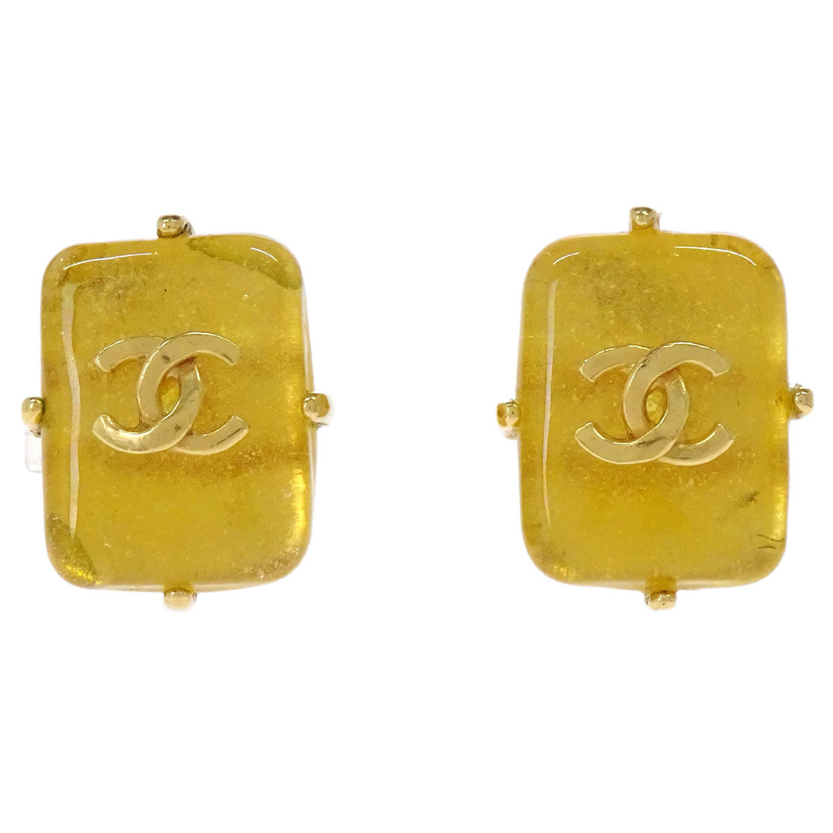 Chanel Rectangle Stone Clip-On Earrings Gold Yellow 97A