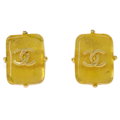 Chanel Rectangle Stone Clip-On Earrings Gold Yellow 97A
