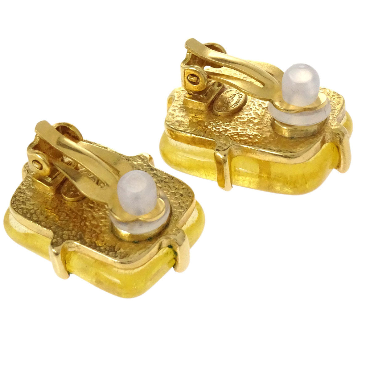 Chanel Rectangle Stone Clip-On Earrings Gold Yellow 97A