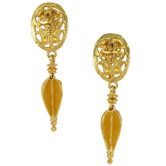 Chanel Gold Oval Drop Dangle Clip-On Earrings 95A