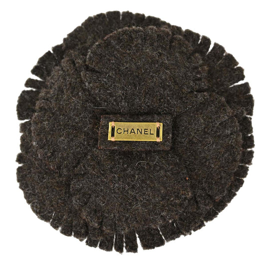 Chanel Dark Brown Wool Camellia Brooch Pin