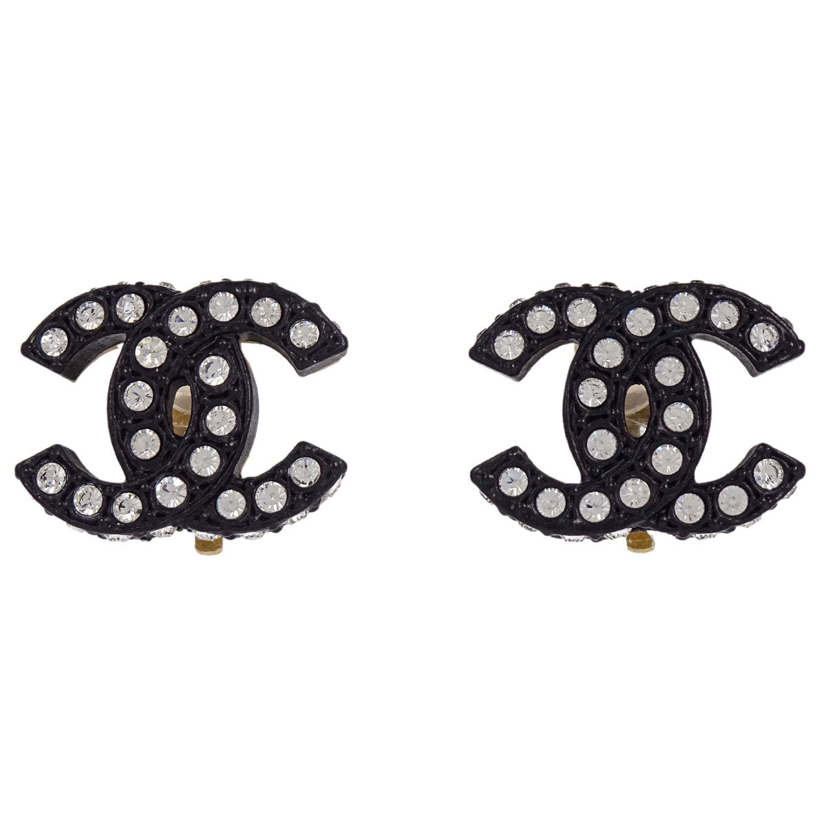 Chanel CC Clip-On Earrings Gold Black Rhinestone 02A