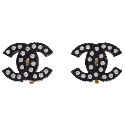 Chanel CC Clip-On Earrings Gold Black Rhinestone 02A