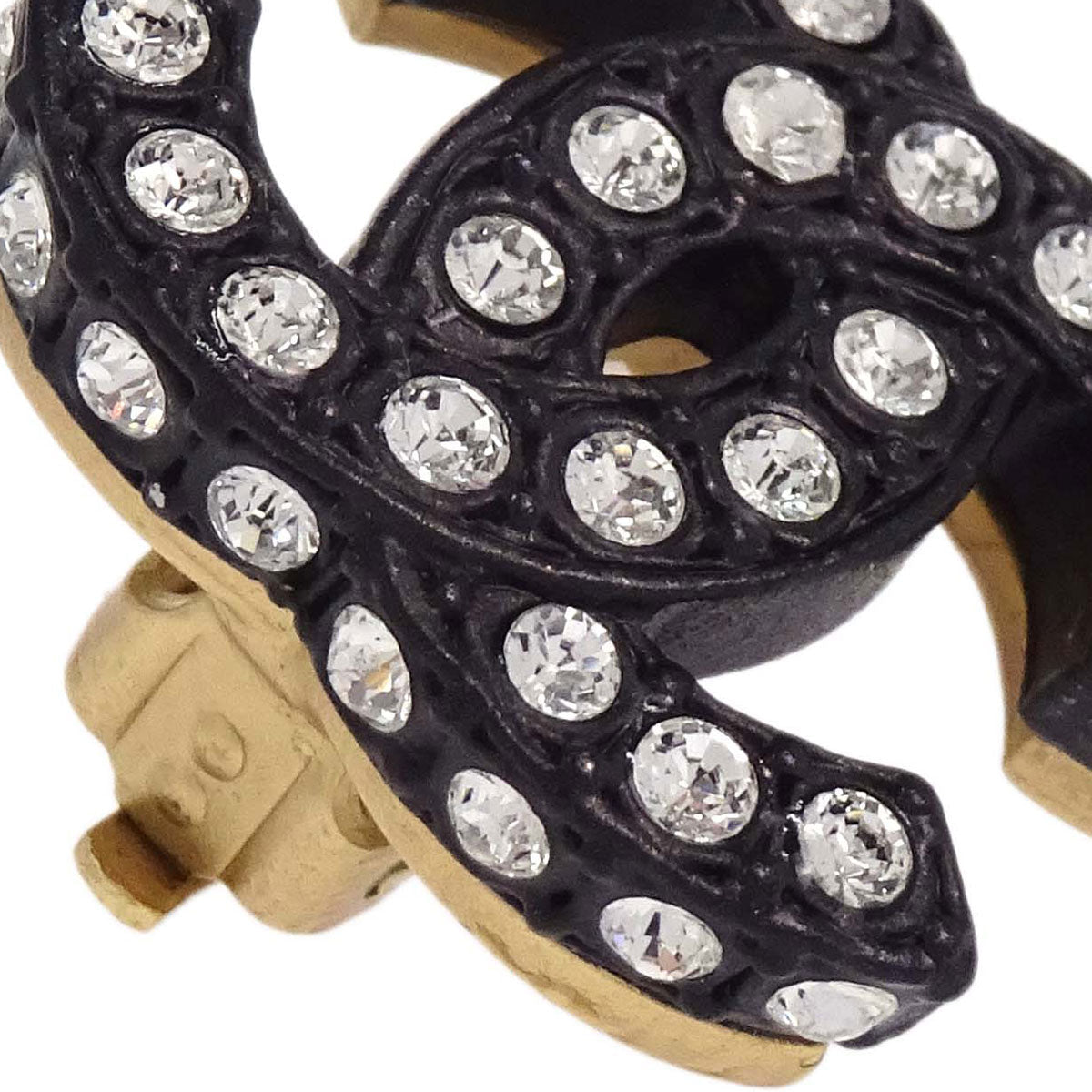 Chanel CC Clip-On Earrings Gold Black Rhinestone 02A