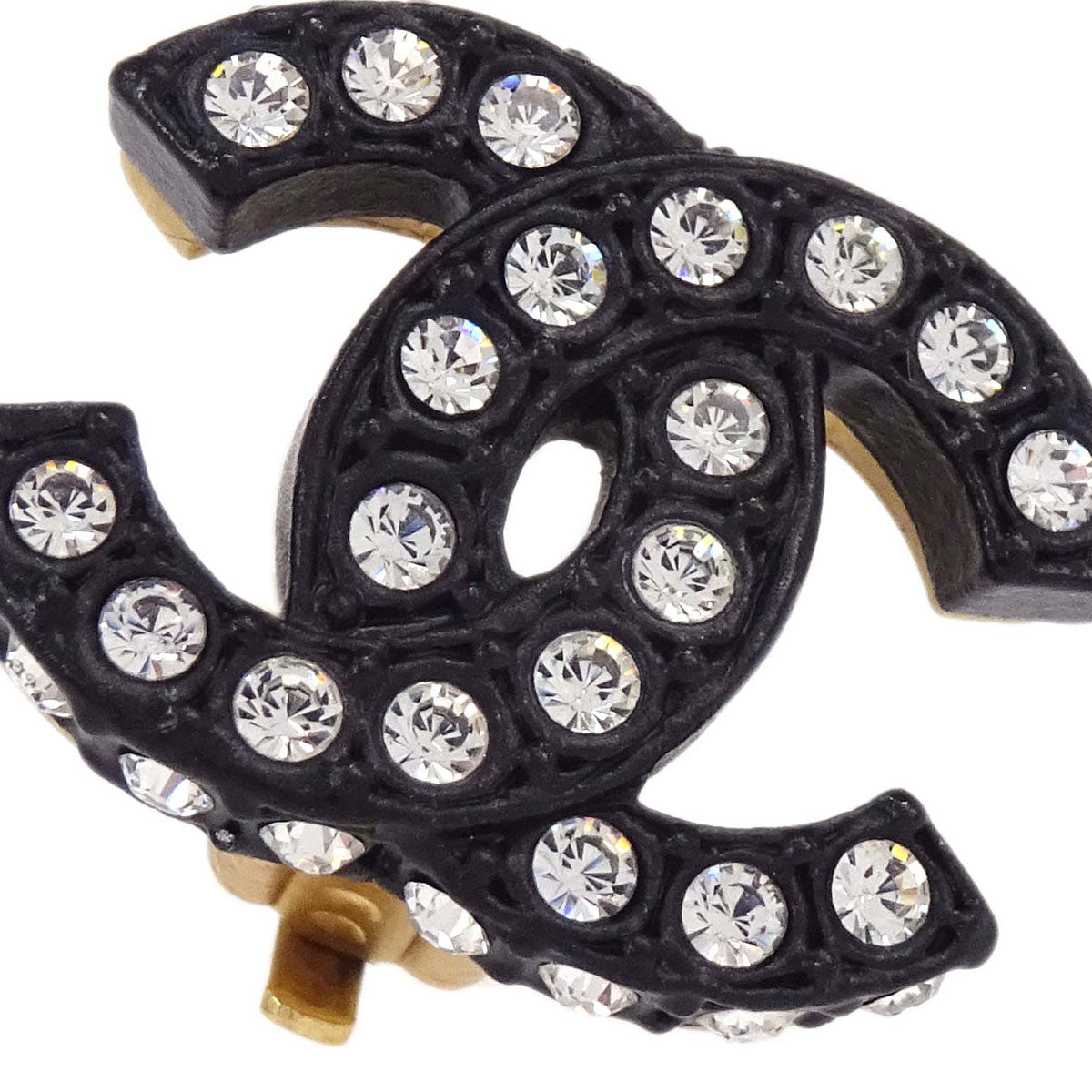 Chanel CC Clip-On Earrings Gold Black Rhinestone 02A