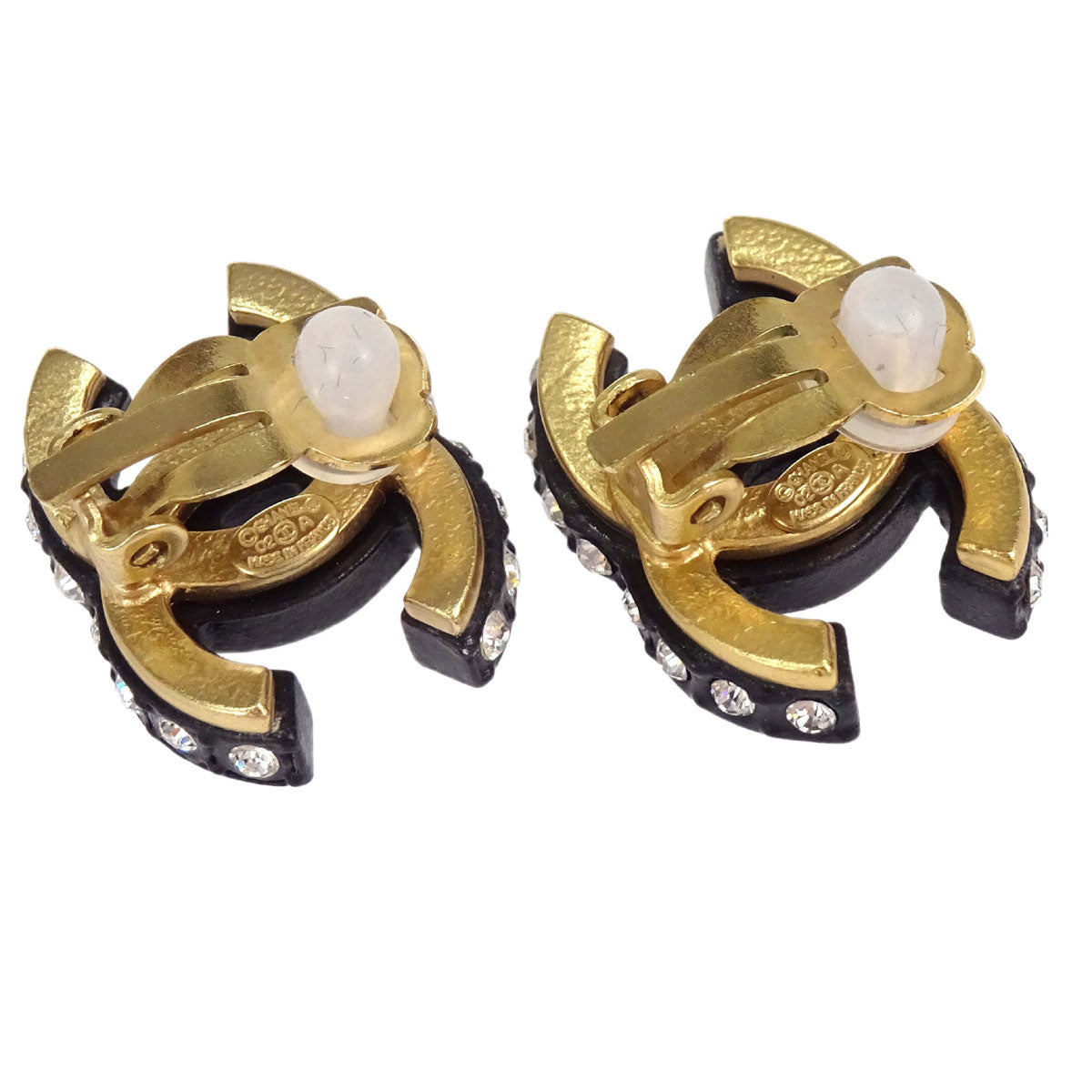 Chanel CC Clip-On Earrings Gold Black Rhinestone 02A