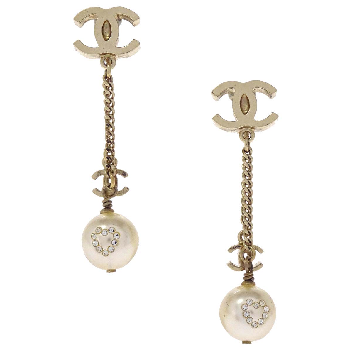 Chanel Gold CC Rhinestone Costume Pearl Dangle Clip-On Earrings 08P