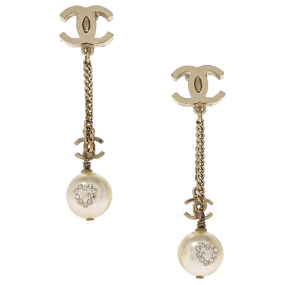 Chanel Gold CC Rhinestone Costume Pearl Dangle Clip-On Earrings 08P