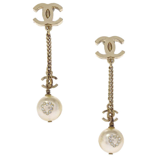 Chanel Gold CC Rhinestone Costume Pearl Dangle Clip-On Earrings 08P