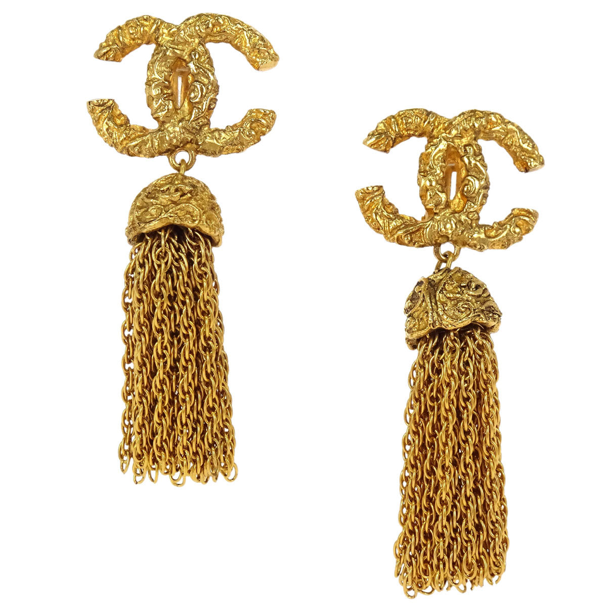 Chanel Gold CC Fringe Dangle Clip-On Earrings 93A