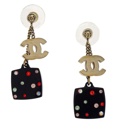 Chanel CC Dangle Square Pierced Earrings Gold Mirror Rhinestone 04A